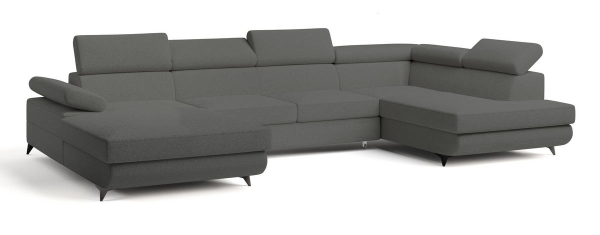 WOHNLANDSCHAFT RUBANO R-S Grau Boucle-Stoff mit Schlaffunktion - Grau, Holz (339/89/190cm) - MASSENO