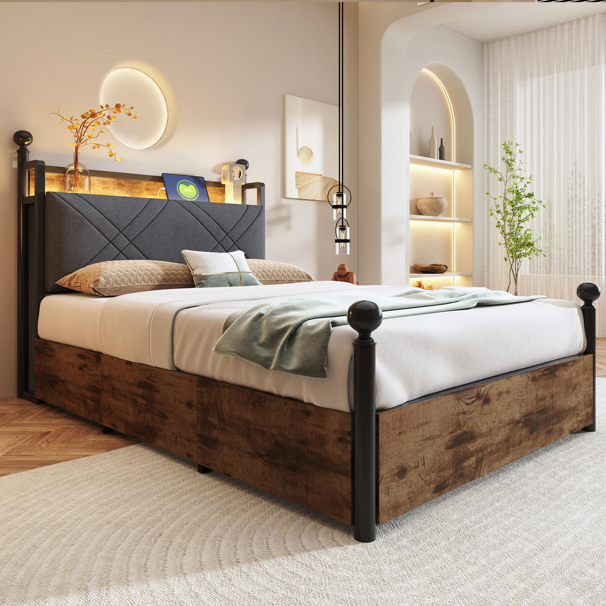 METALLBETT 90x190 cm LED USB Stauraum - Schwarz, Metall (90/190cm) - LEBENLANG