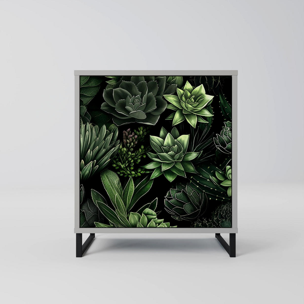 SIDEBOARD SUCCULENT JUNGLE, Grau, 57,5x42x72,5 cm, Schwarze Metallfüße - Multicolor/Schwarz, Holzwerkstoff/Metall (57.5/72.5/42cm) - SpaceRebels