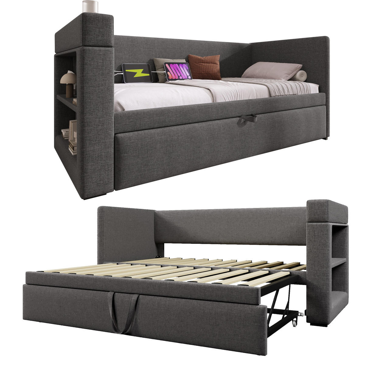 POLSTERBETT 90/190 cm Grau mit Ausziehbett und USB- & Type-C-Anschlüssen - Grau, Textil (90/190cm) - OKWISH