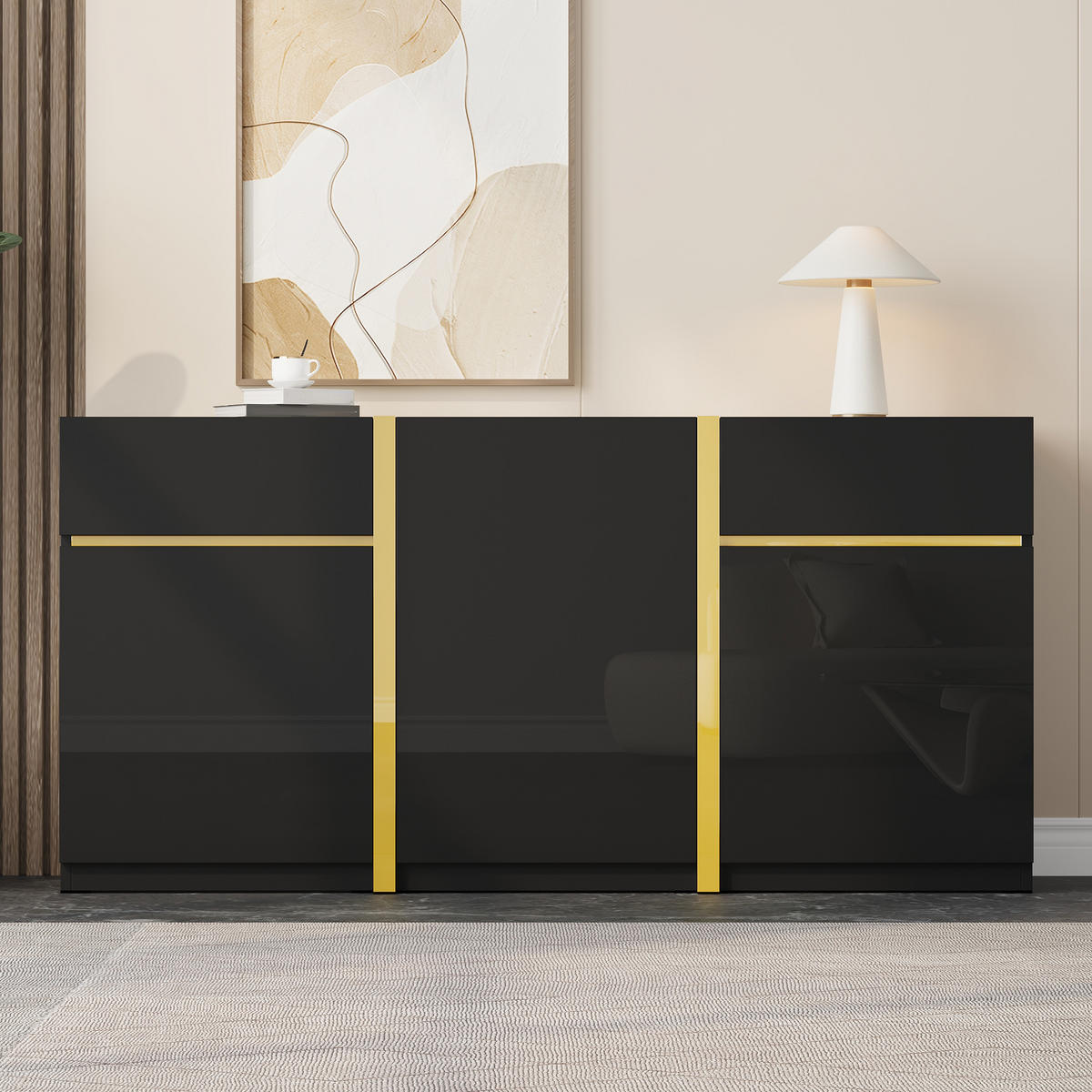 SIDEBOARD Hochglanz 3 Türen 2 Schubladen modern - Schwarz, Holzwerkstoff (40/78/160cm) - FLIEKS