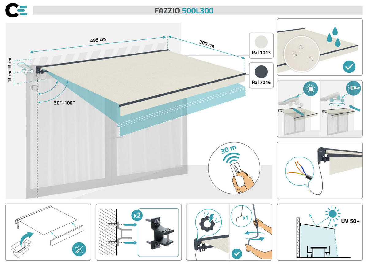 HALBKASSETTENMARKISE Fazzio Beige 5m x 3m motorisierte - Premium-Leinwand 320g/m² - Beige, Metall (500/270/300cm) - Cazeboo
