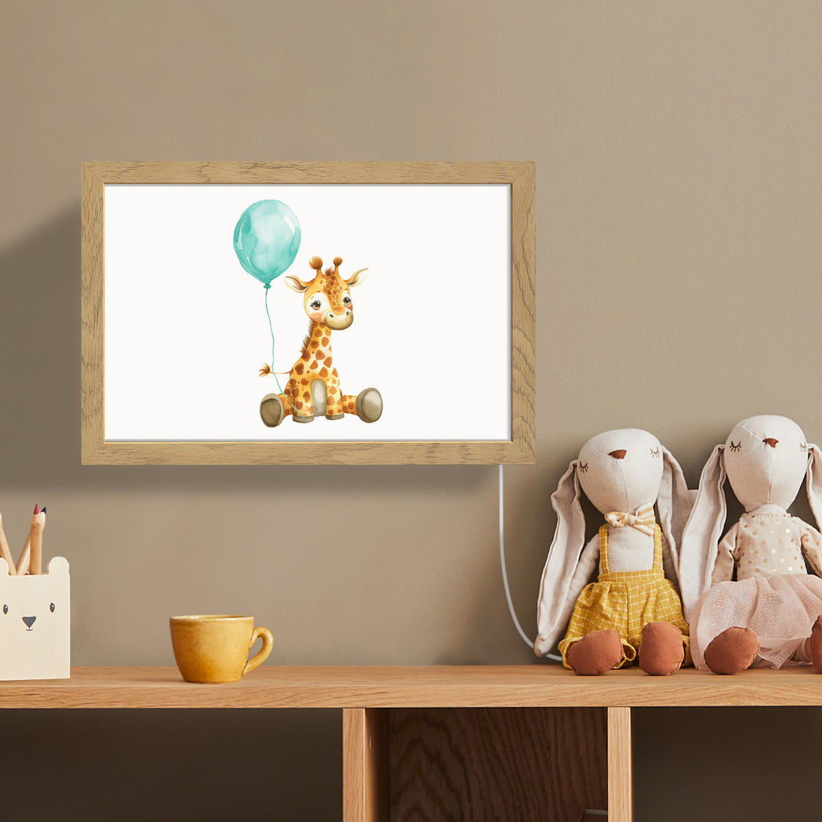 WANDLEUCHTE Giraffe - Baby - Tiere - Blauer Ballon 30x20 cm - Weiß, Holzwerkstoff (30/20/8cm) - OnlyWow