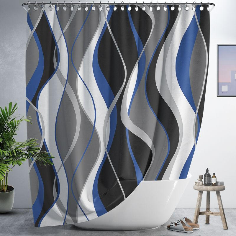 DUSCHVORHANG abstrakt bedruckt gestreift Blau wasserdicht mit Haken für Badewanne 180 x 180 cm - Blau, Textil (180/180cm) - MCBOSON