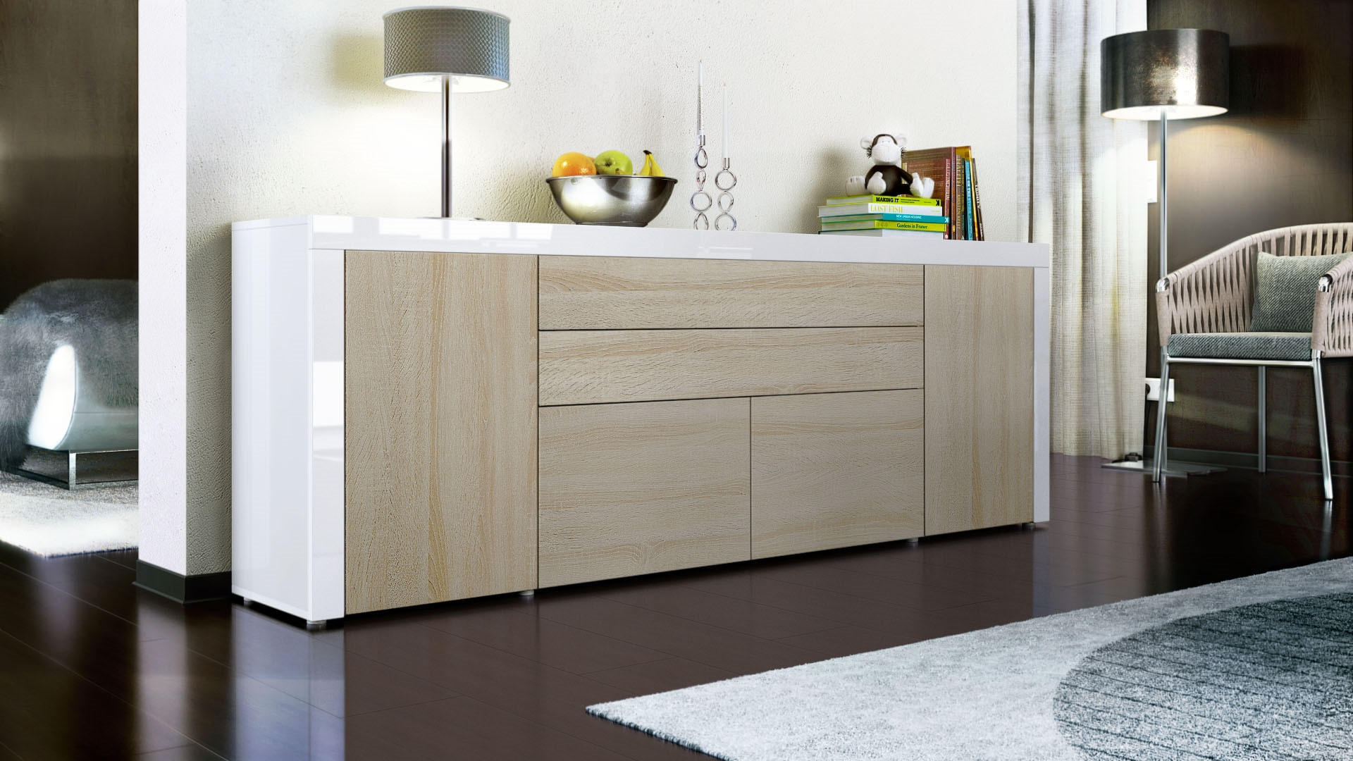 SIDEBOARD La Paz Eiche sägerau / Weiß Hochglanz - Eiche San Remo, Holzwerkstoff (200/72/35cm) - Vladon