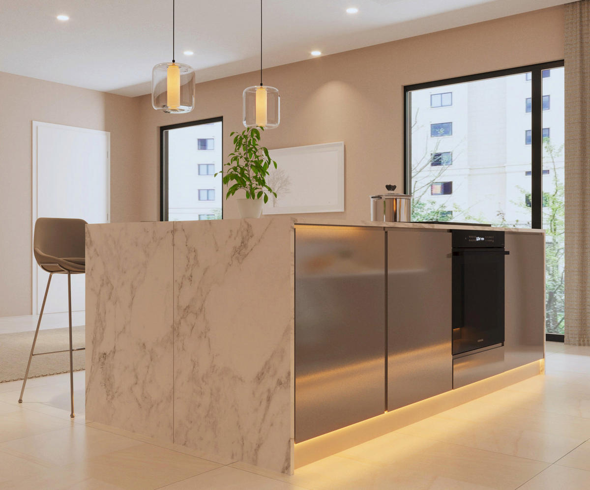 INSELKÜCHE-KÜCHENZEILE 420 cm Glanzia – KU-S16 – Grau / Weiß – Hochglanz - Grau, Holzwerkstoff (420/212/60cm) - hi-markt