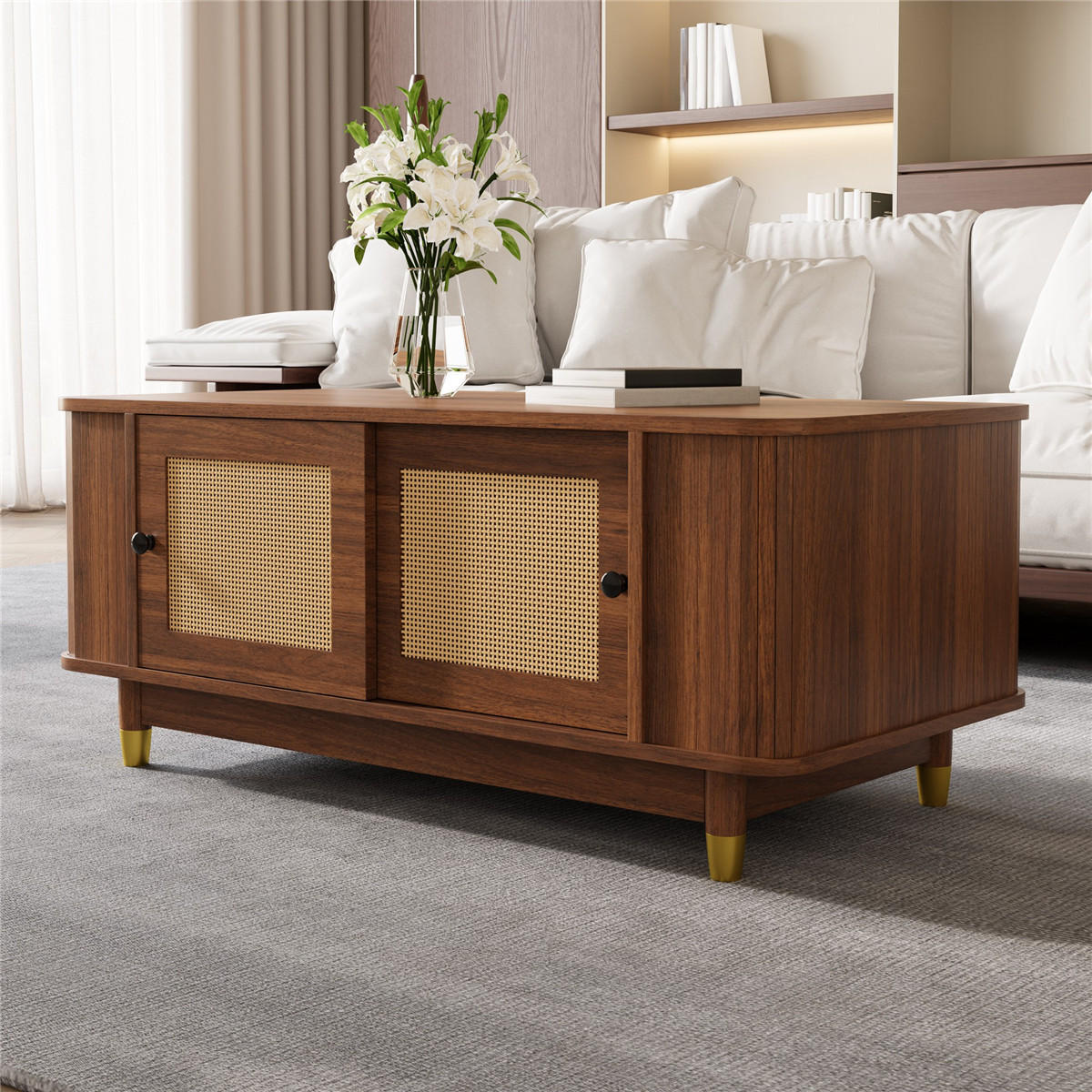 COUCHTISCH Rattan 100/50/42 Schiebetüren MDF Stauraum - Braun, Holz (50/100/42cm) - Bomclap