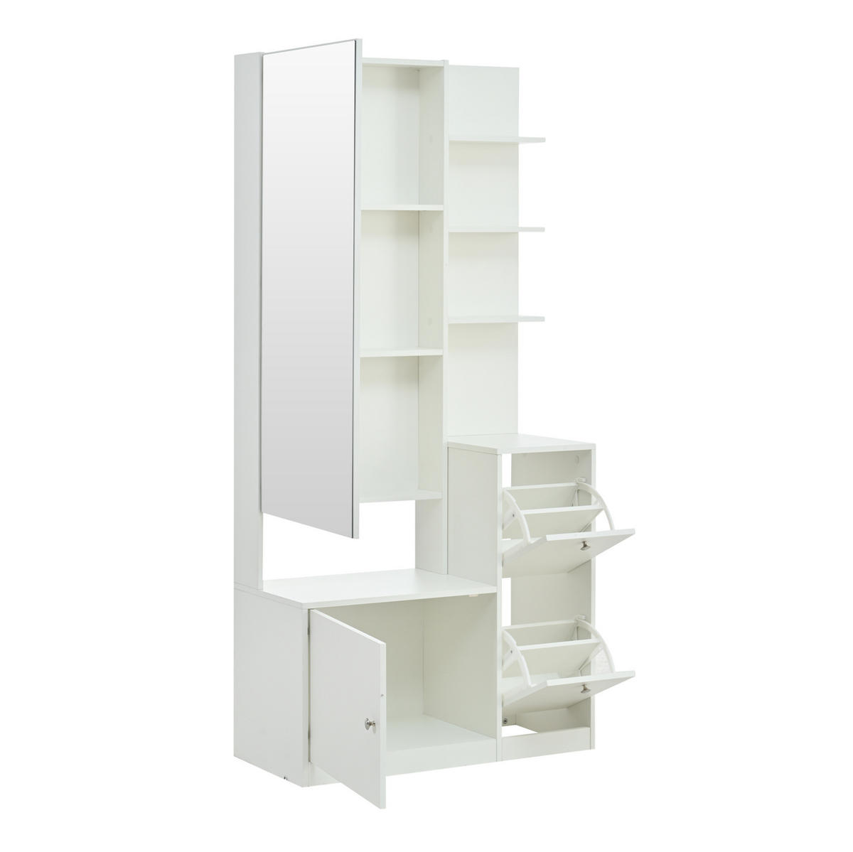 FLURSCHRANK 85/40/180 cm mit Spiegel, 2 Schuhschränken, 5 offenen Ablagen und Spanplatte, Weiß - Weiß, Holzwerkstoff (85/180/40cm) - Redom