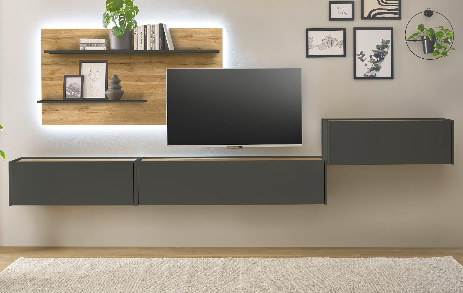 WOHNWAND grau matt, Eiche Wotan 350 cm, Schrankwand mit Sekretär - Eiche Wotan/Grau, Holzwerkstoff/Metall (350/180/30cm) - Furn.Design