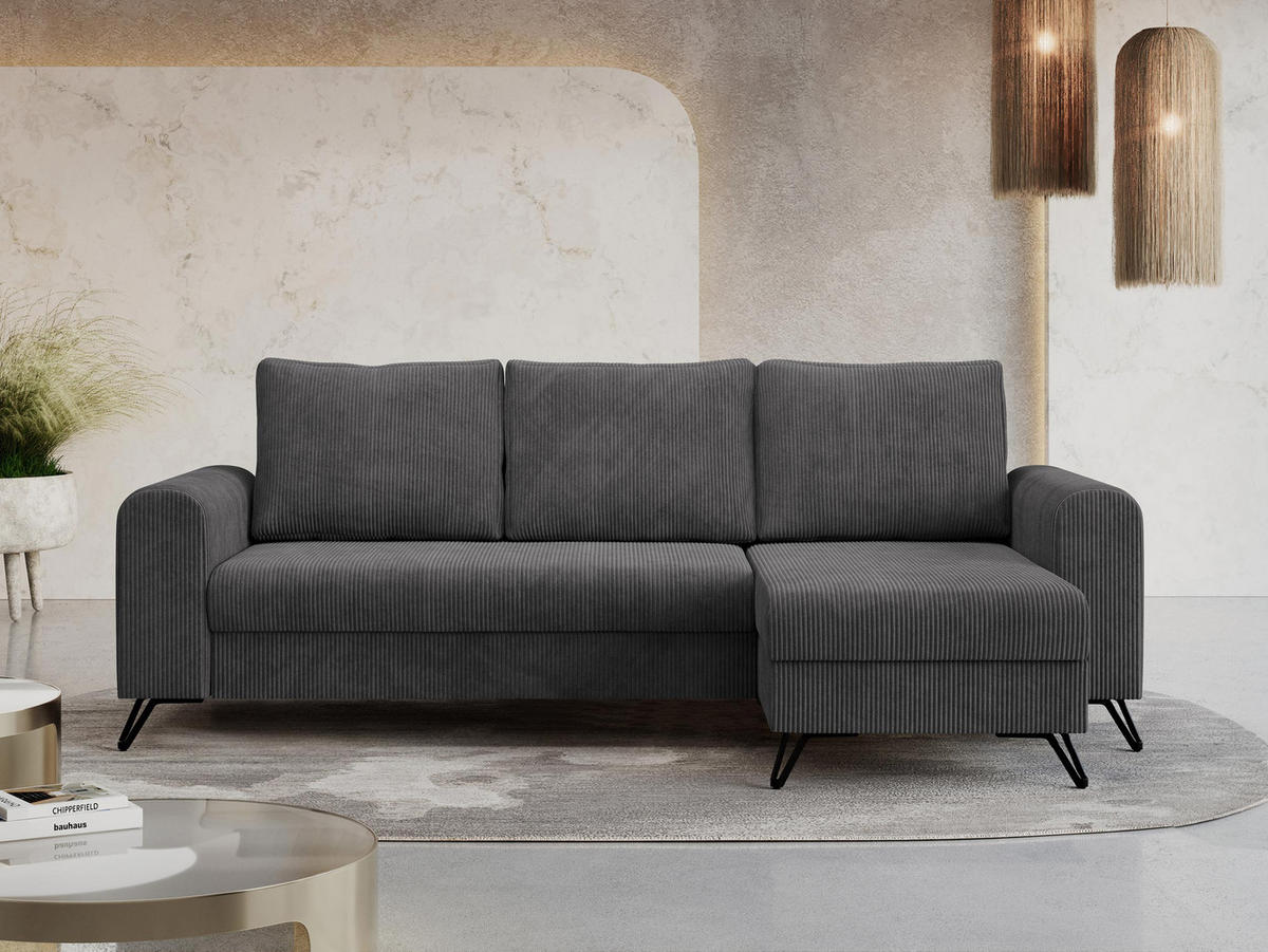 ECKSOFA Hugo Cord Dunkelgrau - Dunkelgrau/Schwarz, Textil/Metall (242/140cm) - MKS