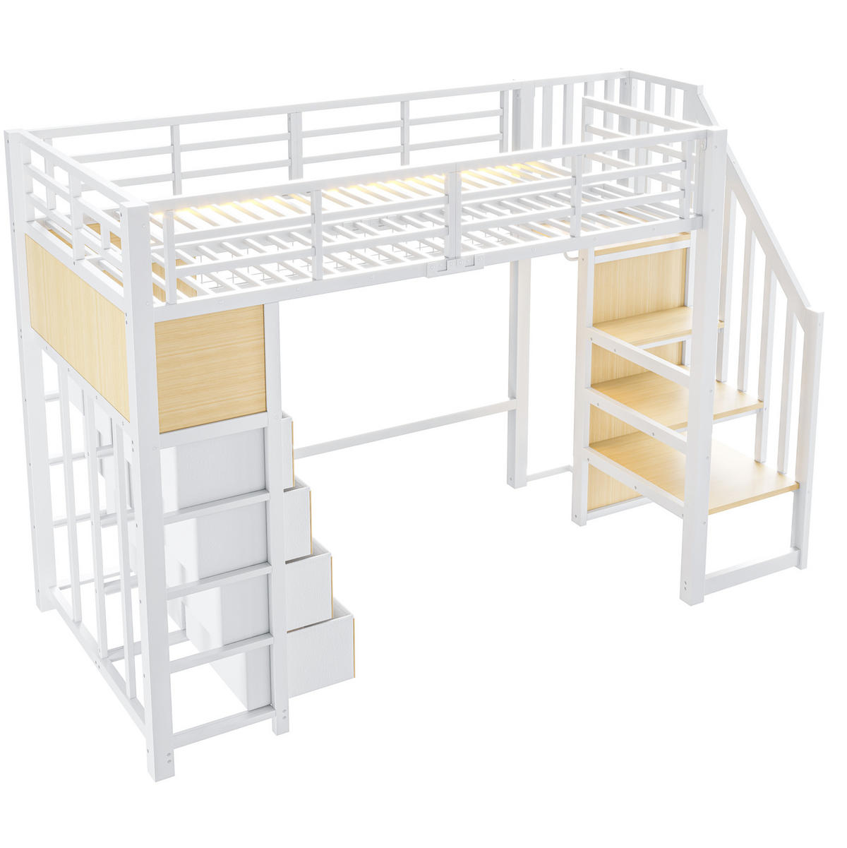 HOCHBETT MDF Metall 90x200 cm Weiß mit Stauraumtreppe, LED und 8 Schubladen - Weiß, Holzwerkstoff (90/200cm) - Modfu