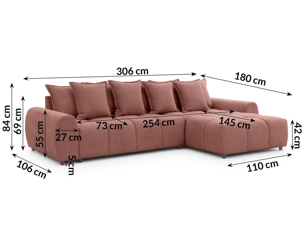ECKSOFA inkl. Hocker Bubble mit Schlaffunktion und losen Rückenkissen, Sitzfläche Bubble-Optik aus weichem Terrakotta Strukturstoff - Ottomane Rechts - Terracotta/Schwarz, Holz/Kunststoff (306/180cm) - S-Style Möbel