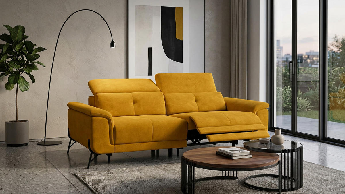 SOFA RELAX AVENA 3-Sitzer, gelber Veloursstoff - Gelb/Schwarz, Holz/Textil (204/80/108cm) - Wozimo