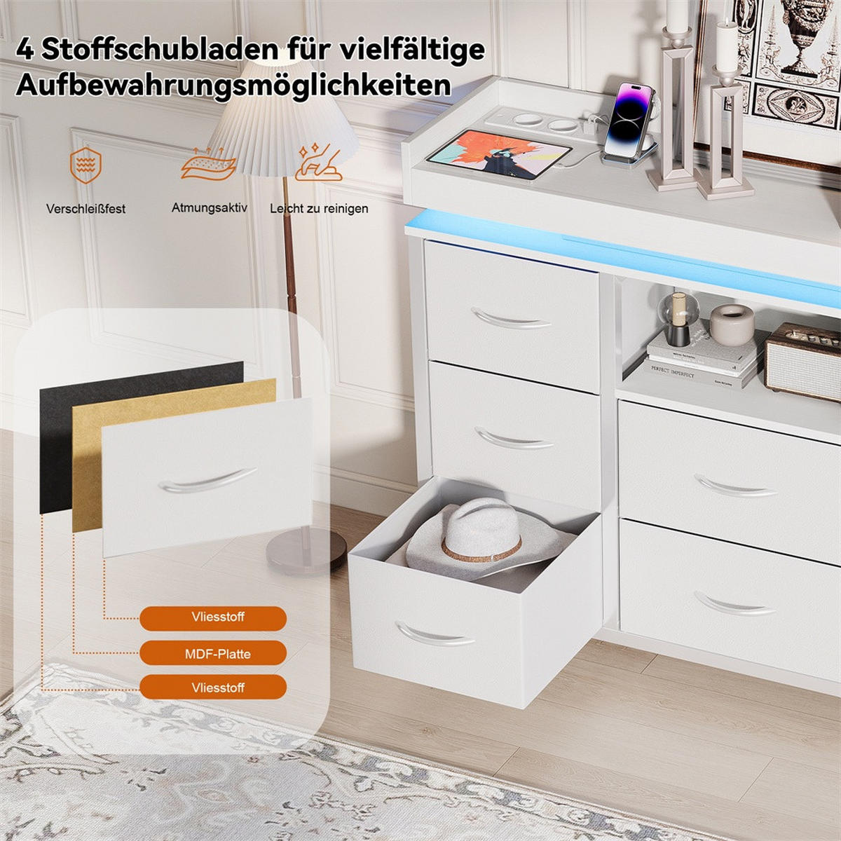KOMMODE mit 8 Schubladen - integrierte Ladestation und RGB-LED-Beleuchtung - Weiß - Weiß, Holzwerkstoff (108/82/30cm) - DELFA