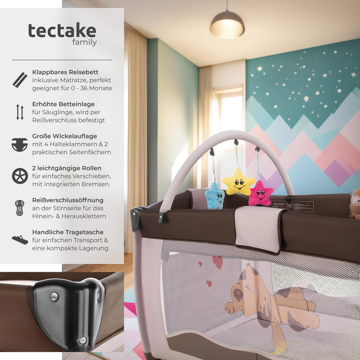 KINDER REISEBETT Hund,inklusive Tragetasche, 132 x 75 x 104 cm,braun - Braun, Kunststoff (75/104/132cm) - tectake