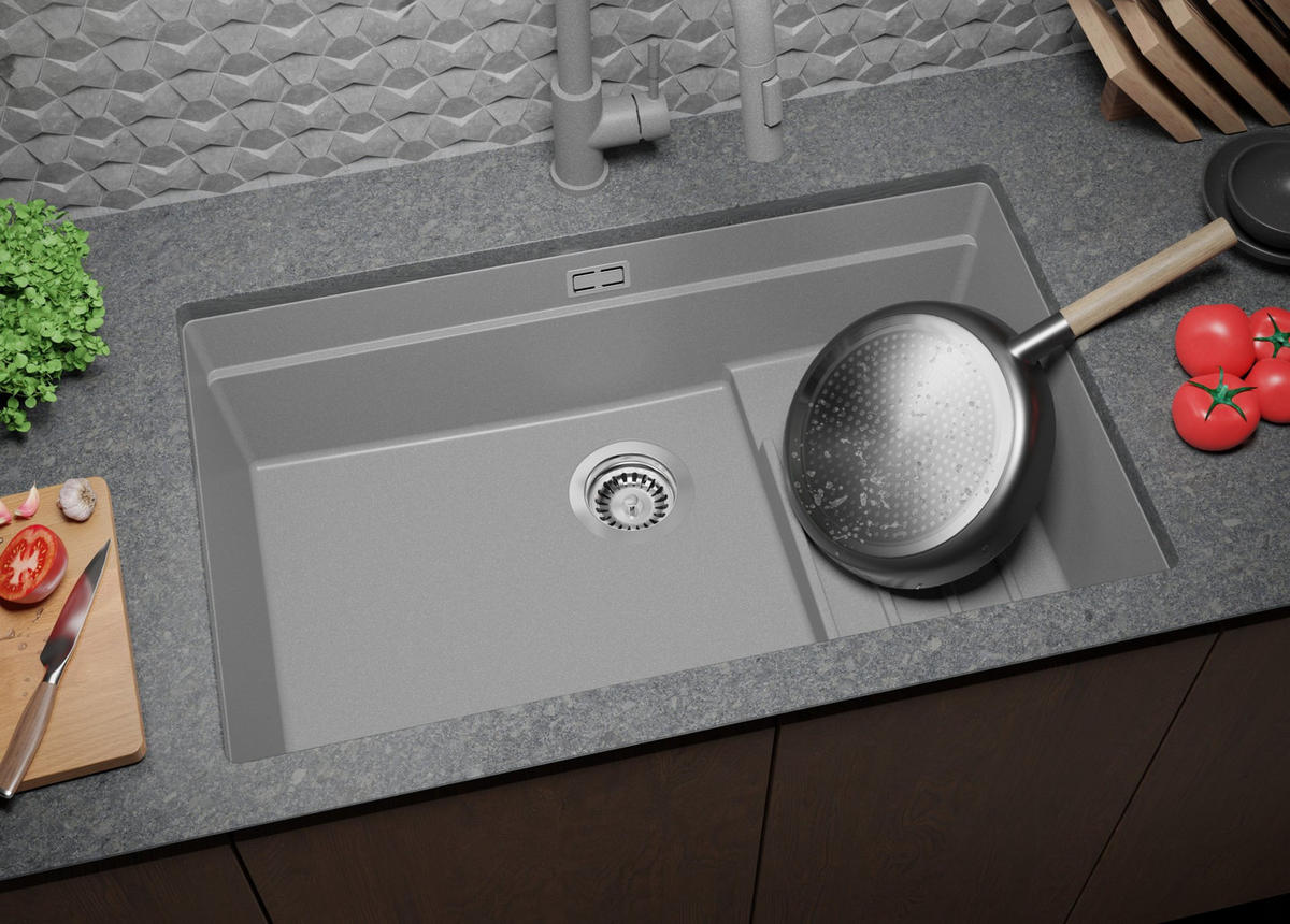 UNTERBAUSPÜLE GRANIT Praga, 2-er set Grau 76/47 cm 1 Becken + Küchenarmatur 32/20 cm + Ablauf-Set + Aufrollbare Abtropffläche ab 80er Unterschrank - Chromfarben/Grau, Kunststoff (76/20/47cm) - Primagran