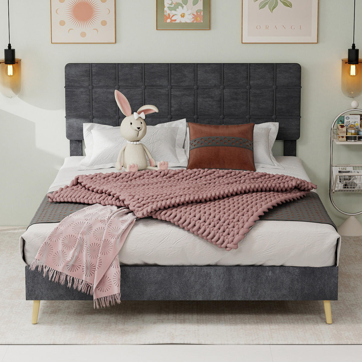 ČALOUNĚNÁ postel 160/200 cm šedá z sametu s prošívaným čelem a dřevěnými nohami - šedá, textil (160/200cm) - OKWISH