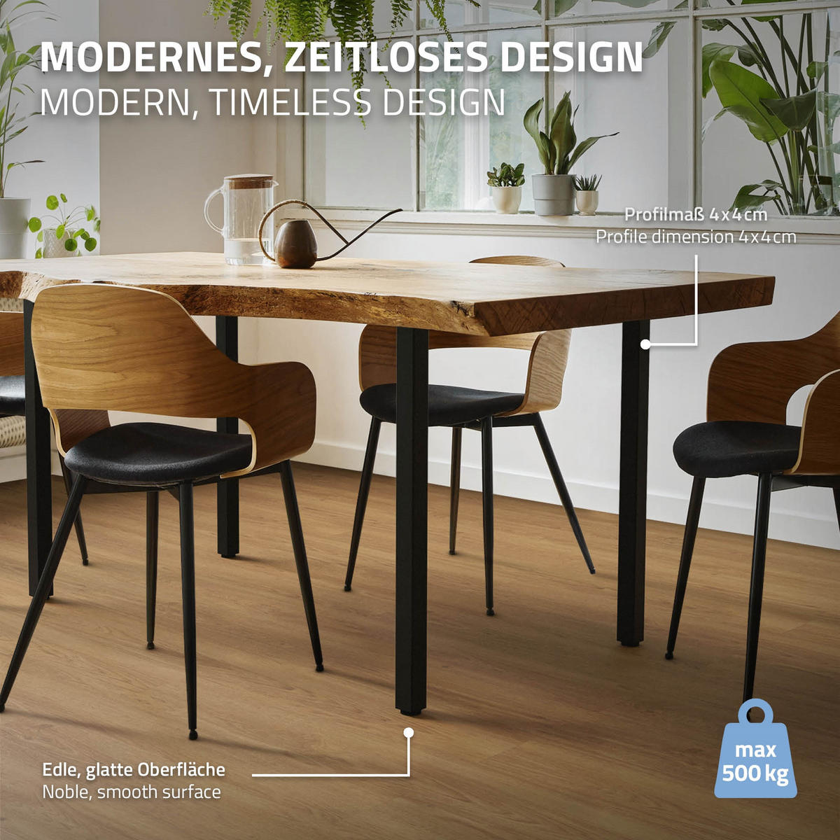 TISCHBEINE 4er Set I-Design H:72 cm Schwarz 4x4 cm - Schwarz, Metall (4/72/4cm) - ML-DESIGN