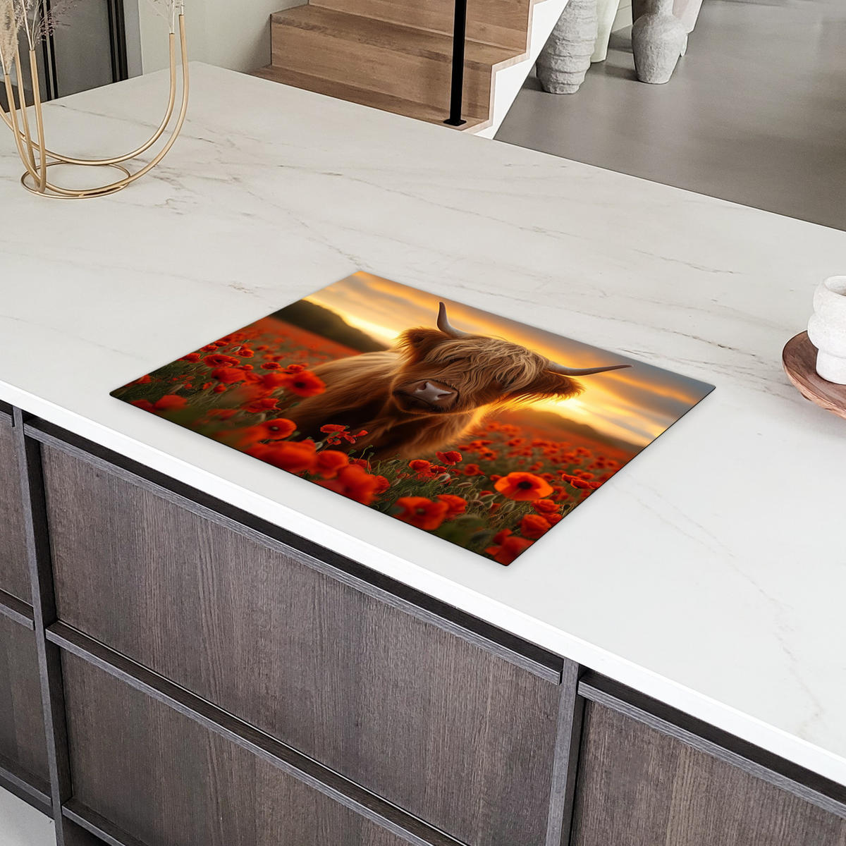 HERDABDECKPLATTE Schottische Highlander - Rosen - Blumenfeld - Sonnenuntergang Herdabdeckung Induktionsfeld 70x52 cm - Rotbraun, Kunststoff (70/52/0.2cm) - MuchoWow