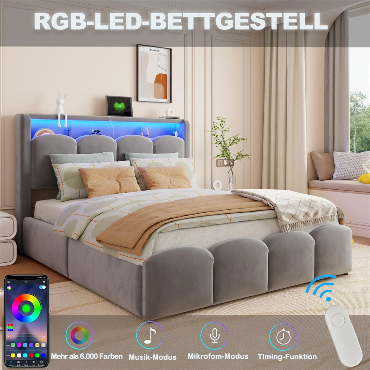 POLSTERBETT 140x200 cm mit KopfteilStauraum & hydraulischem Stauraum - USB und Type-C & LED - Grau - Grau, Textil (140/200cm) - DELFA