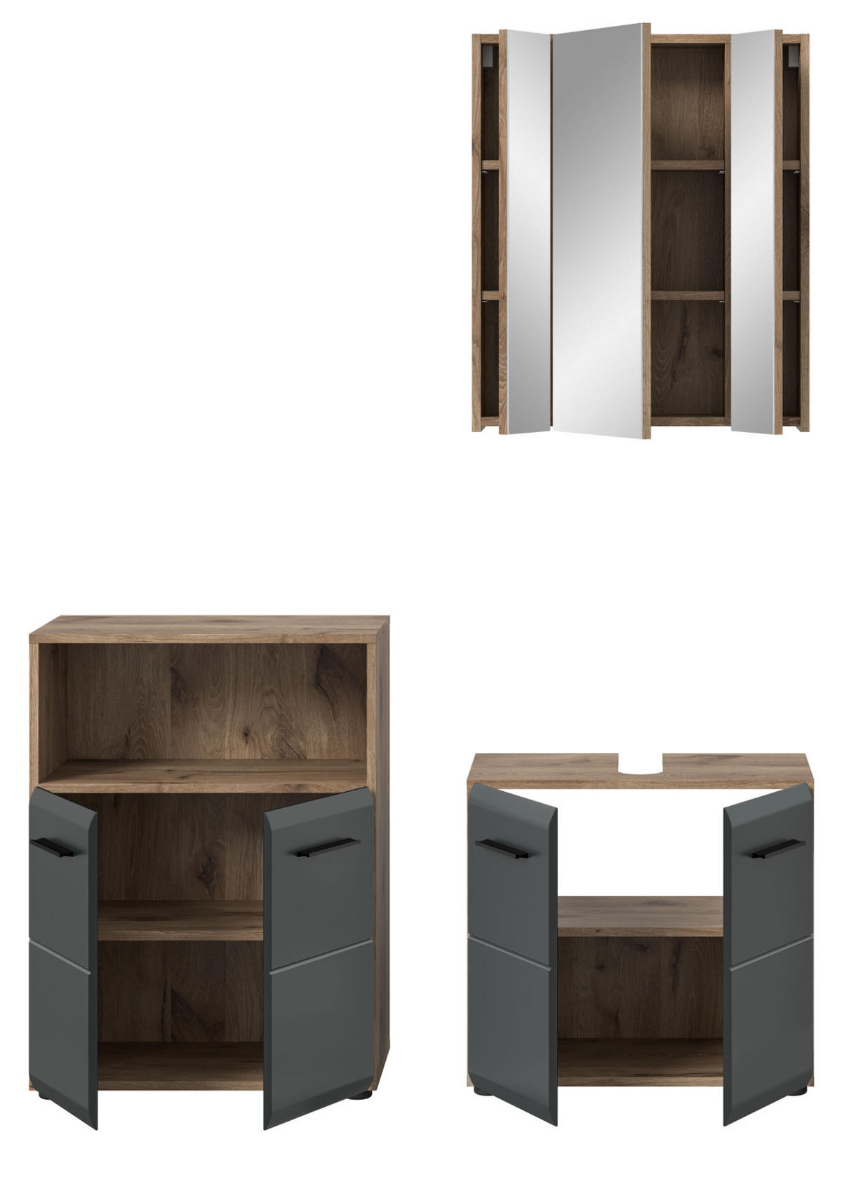 BADMÖBEL Set 3-teilig in schwarz matt und Nox Eiche Badkombination 135 x 185 cm Cover - Eichefarben/Schwarz, Glas/Holzwerkstoff (135/185/30cm) - Inn.Furn