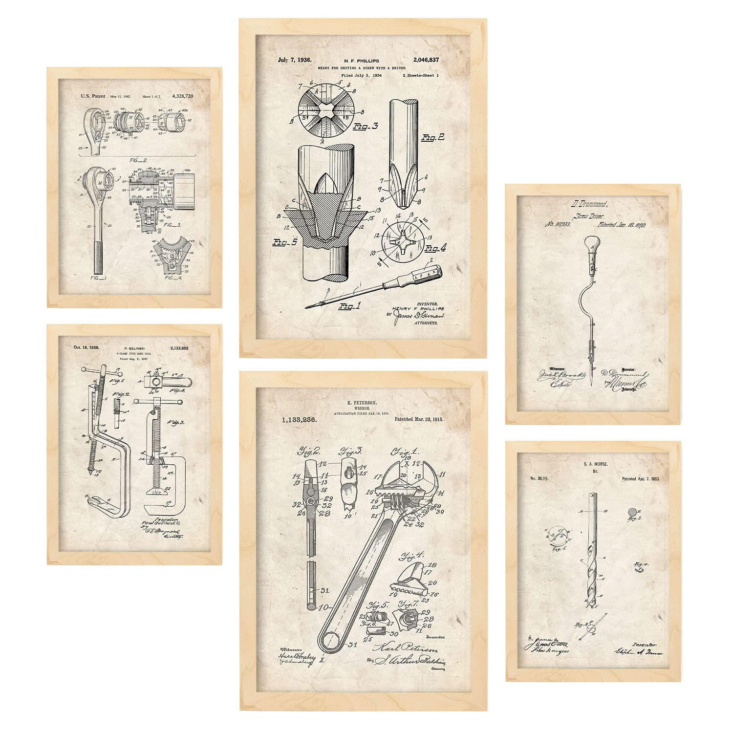 POSTER Set Mit 6 Mit Bauwerkzeuge 1 Patenten Im Vintage Stil A3 & A4 Rahmen Aus Hellem Holz - Beige, Papier (29/3cm) - Nacnic