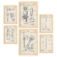 POSTER Set Mit 6 Mit Bauwerkzeuge 1 Patenten Im Vintage Stil A3 & A4 Rahmen Aus Hellem Holz - Beige, Papier (29/3cm) - Nacnic