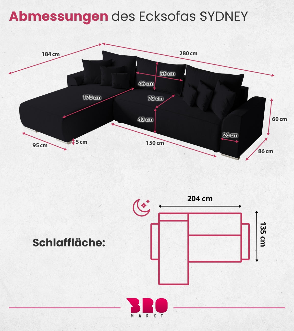 ECKSOFA Sydney mit Schlaffunktion Schwarz Leinenoptik - Schwarz, Textil (280/184cm) - Bromarkt