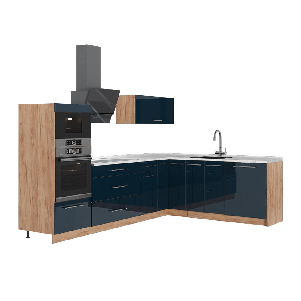 ECKKÜCHE Fame-Line, Dunkelblau Hochglanz/Goldkraft Eiche, 287 x 60 cm, AP Marmor - Honigeiche/Dunkelblau, Holzwerkstoff (287/153.6/60cm) - Vicco