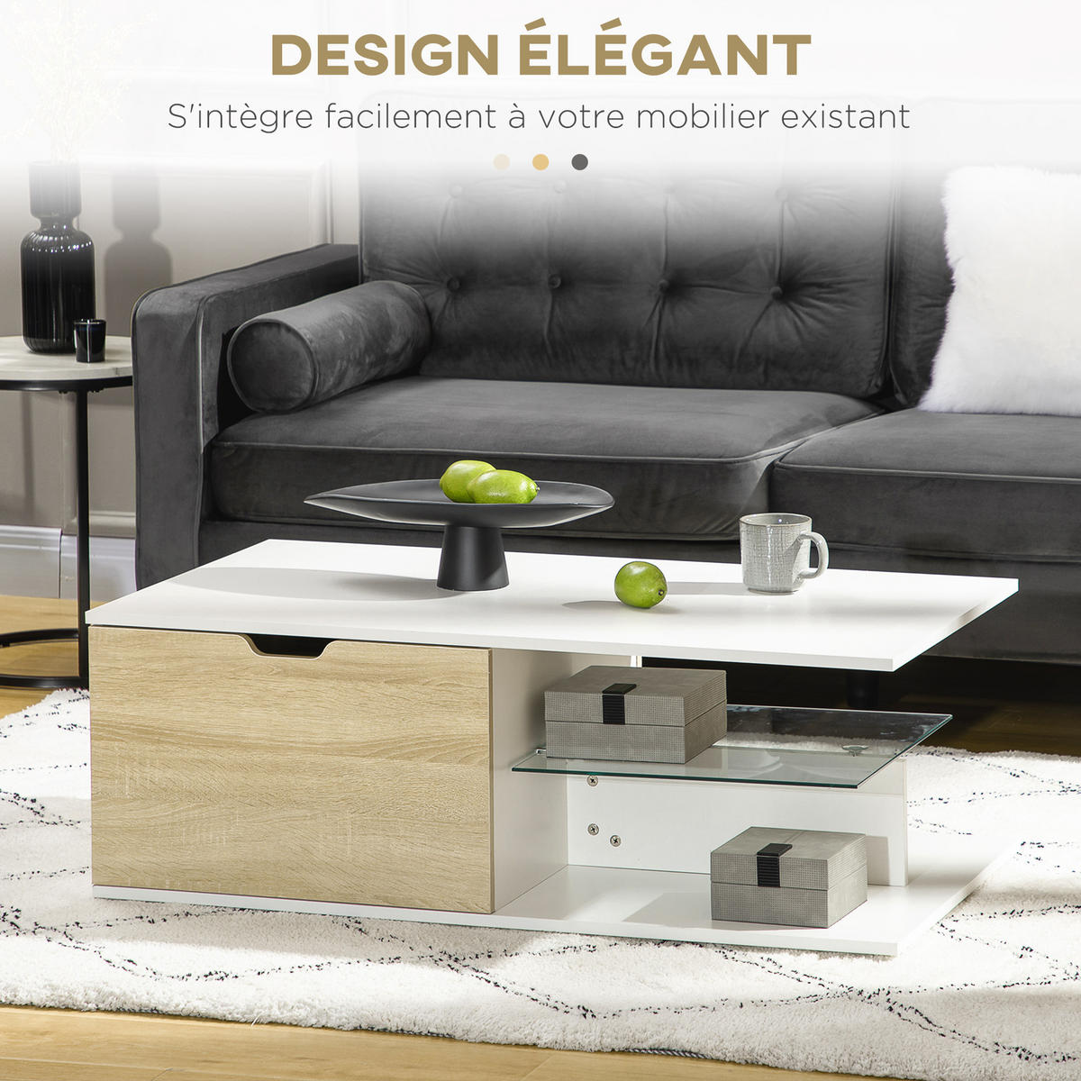 COUCHTISCH DE-15742 mit 2 Schubladen & Glasablage Weiß - Weiß, Holzwerkstoff (106/58/39cm) - ComfortXL