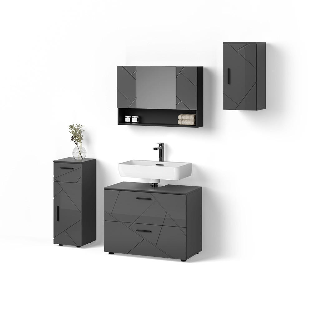 BADMÖBEL-SET Ronco Anthrazit Hochglanz 4 Teile - Anthrazit, Holzwerkstoff (41/80/58cm) - Livinity®