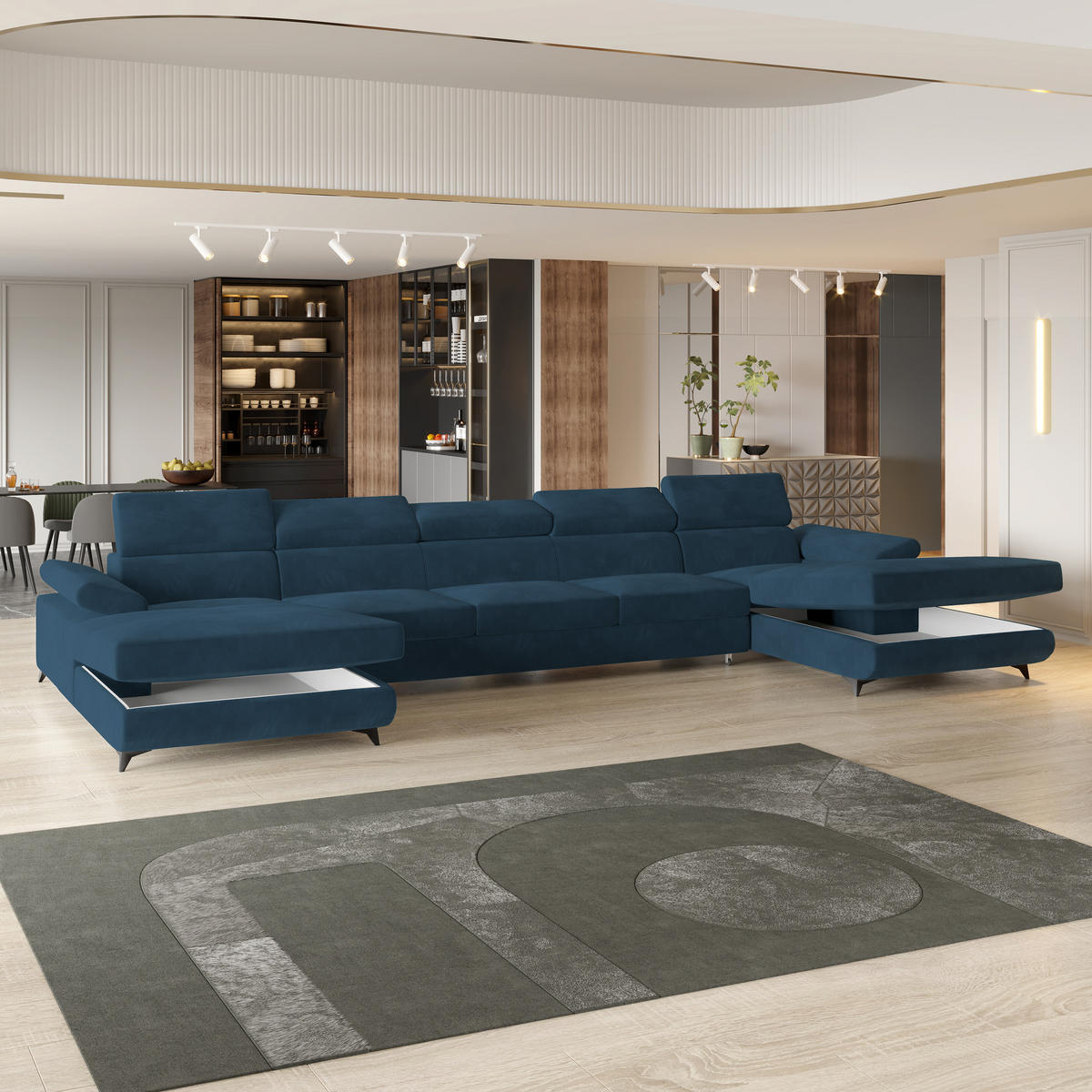 WOHNLANDSCHAFT VIVENTE Blau Velours-Stoff mit Schlaffunktion - Blau, Holz (410/89/190cm) - MASSENO