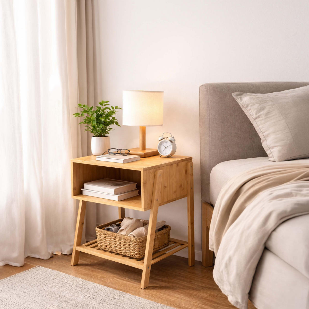 NOČNÝ STOLÍK prírodná bambus otvorená priehradka - svetlohnedá, drevo (45/50/36cm) - Relaxdays