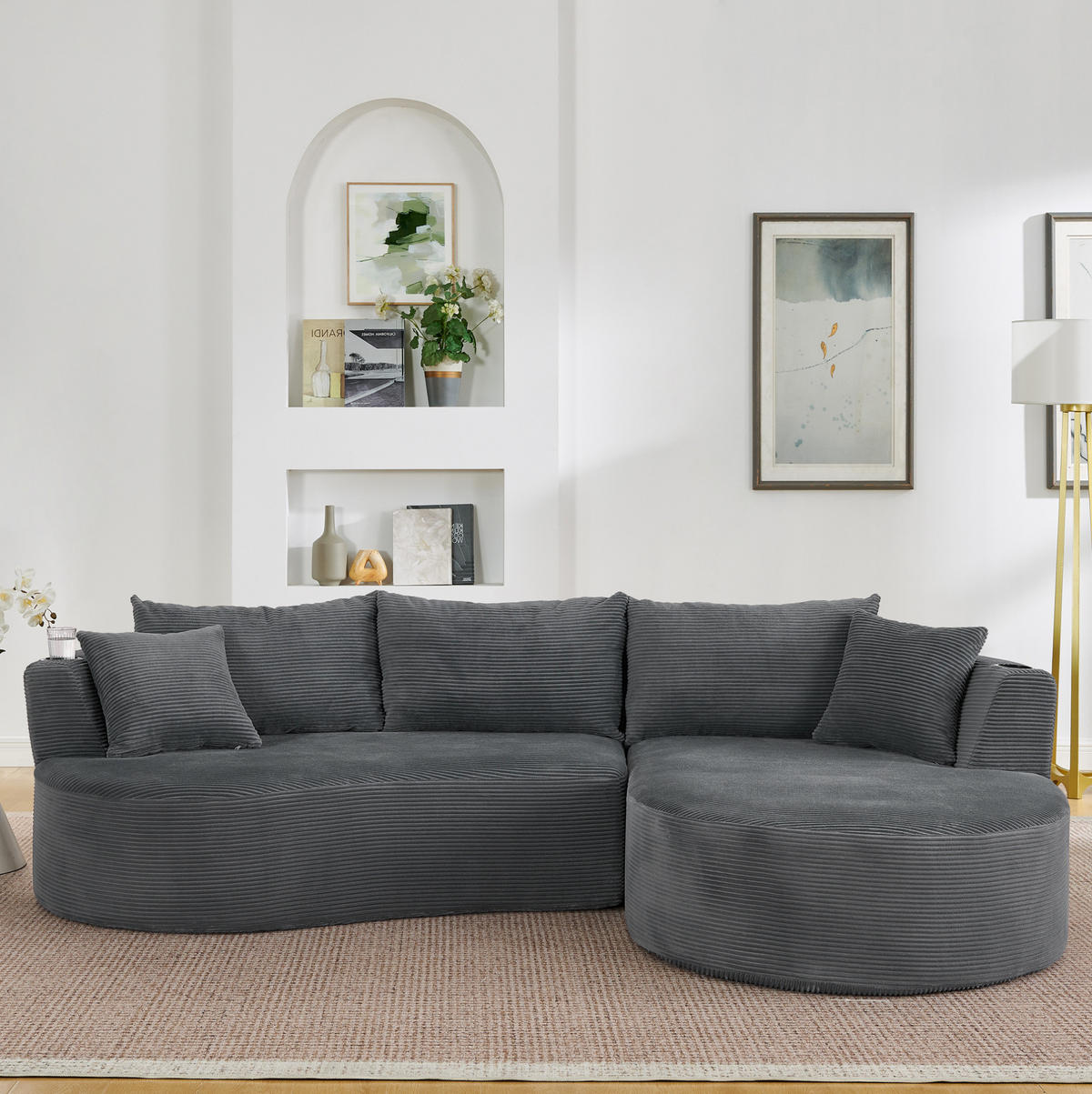 3-SITZER Sofa mit Getränkehaltern, Kissen und weichem Kordstoff, Grau - Grau, Kunststoff (264/76/168cm) - Redom