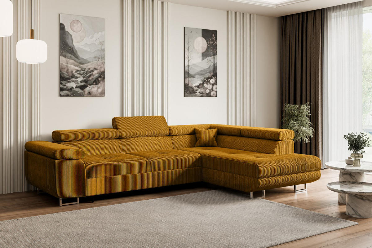 ECKSOFA mit Schlaffunktion und Bettkasten GUSA-L 272x202x107 cm Senfgelb Cord - Gelb/Silberfarben, Holzwerkstoff/Textil (272/202cm) - ALTDECOR