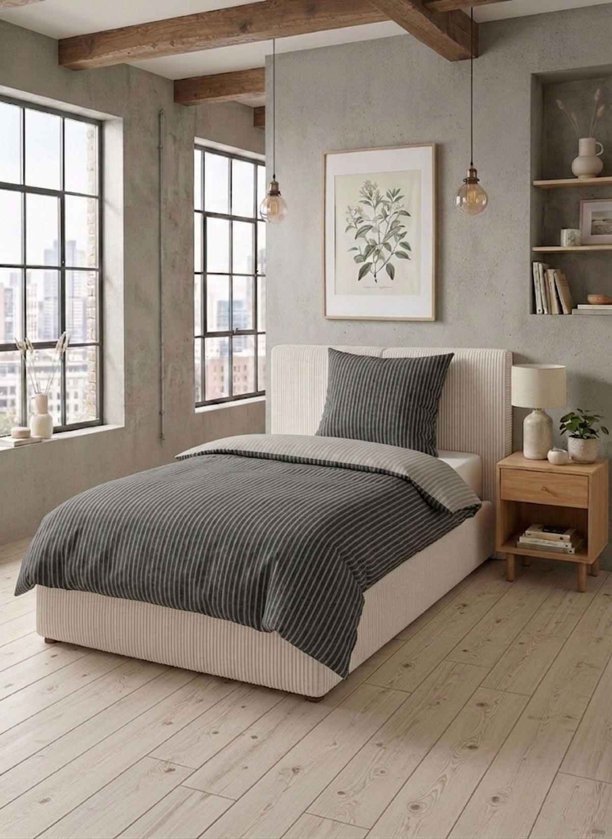 BETTWÄSCHE-GARNITUR Premium Melange Webstreifen titanium, 155x200 cm + 80x80 cm - Titanfarben, Textil (155/200cm) - biberna