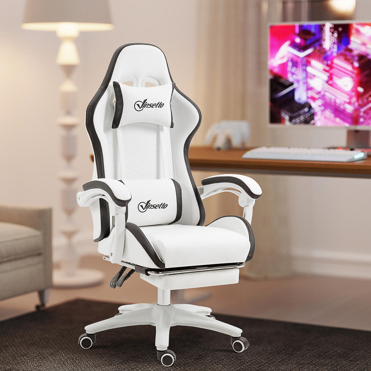 GAMINGSTUHL DE-11703 neigbar 135° mit Fußstütze Weiß/Schwarz - Schwarz, Metall (65/129/65cm) - ComfortXL
