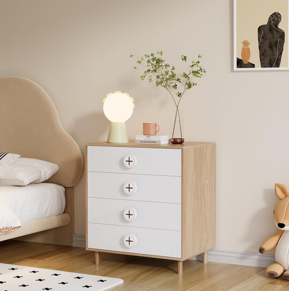 KOMMODE 80/54/90 cm mit 4 Schubladen und Kippschutz in Weiß/Natur - Naturfarben, Holzwerkstoff (54/90/80cm) - BEAOK