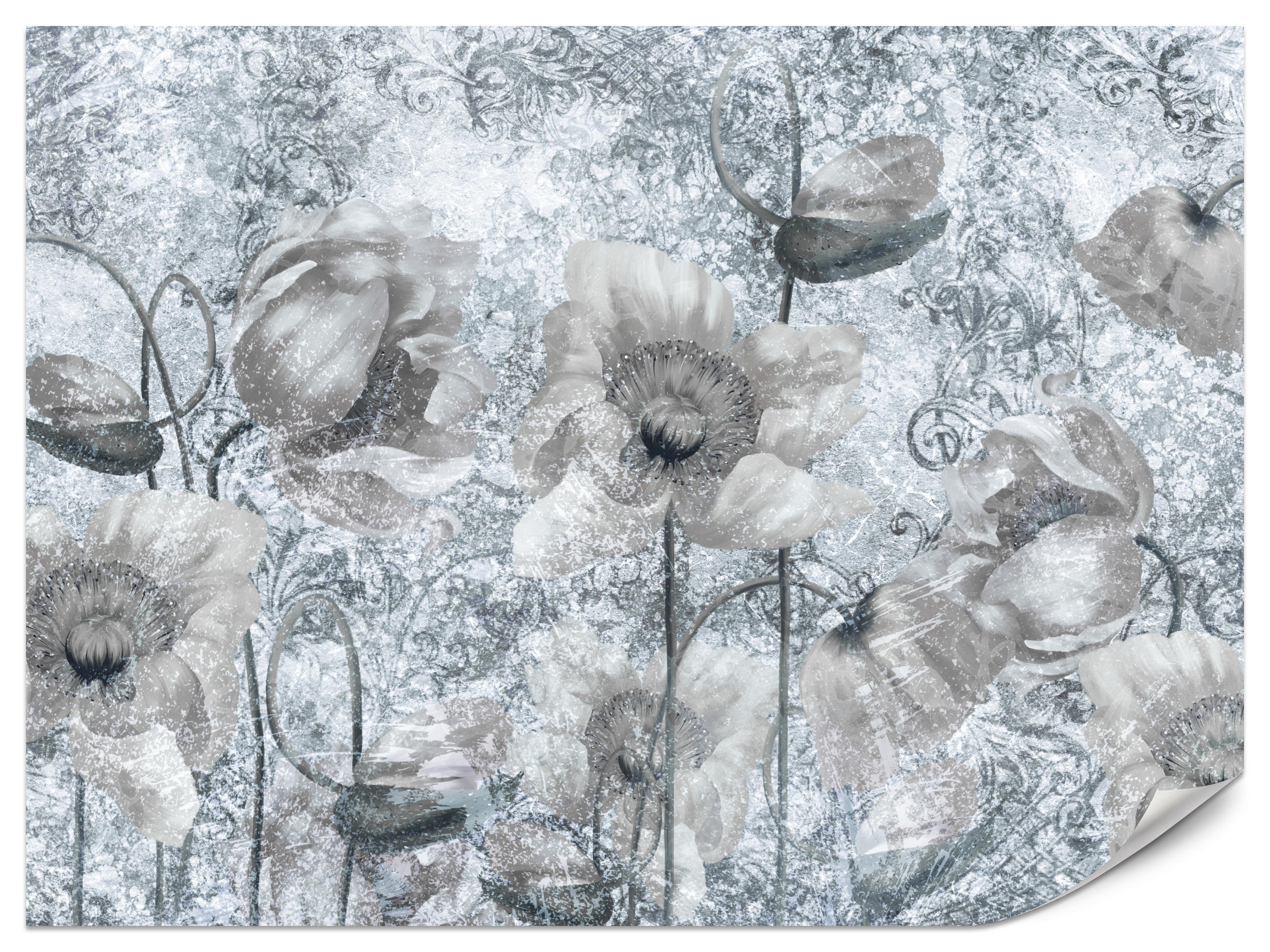 FOTOTAPETE für Wohnzimmer Grau Mohnblumen Beton Blumen Blätter 100x70 - Grau, Papier (100/70cm) - Muralo