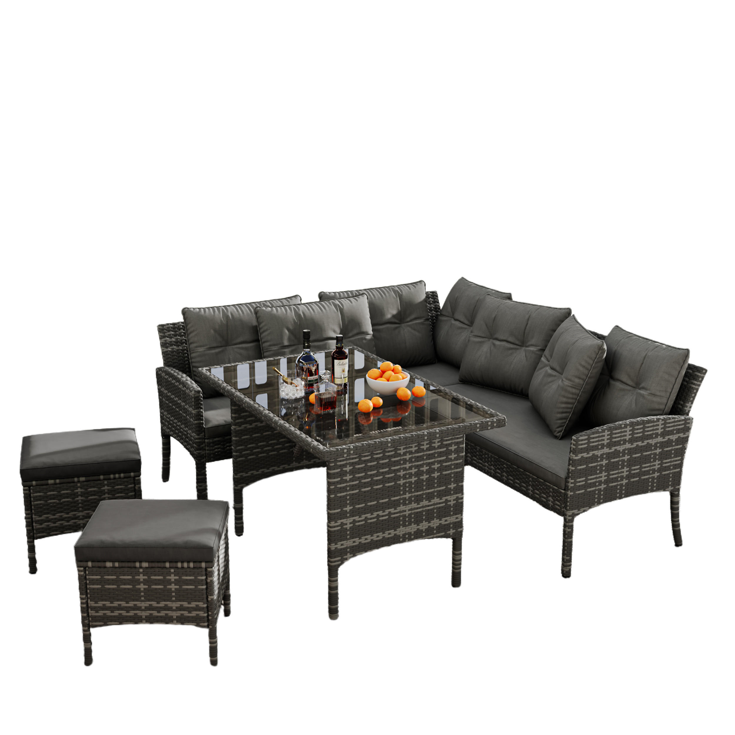 GARTENLOUNGE-SET für 7 Personen Garten-Garnitur Set mit abnehmbarer Stoffbezug grau - Dunkelgrau/Grau, Glas/Textil - STILVORA