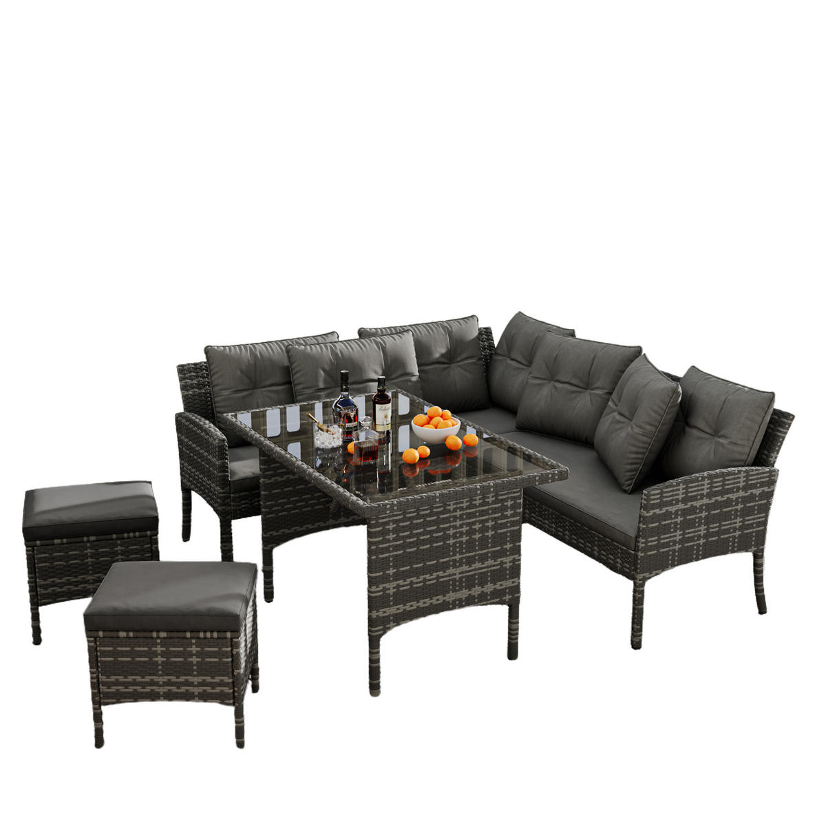 RATTAN Sitzgruppe Gartenlounge für 7 Personen mit Sofa Tisch Hocker Kissen Bezüge abnehmbar und waschbar Grau - Grau, Metall - FLIEKS