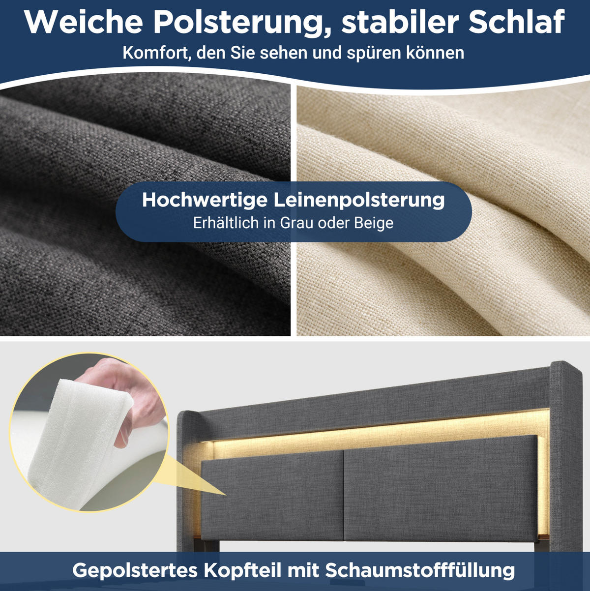 POLSTERBETT 160/200 cm Grau aus Leinen mit Stauraum - Grau, Textil (160/200cm) - OKMYHOME