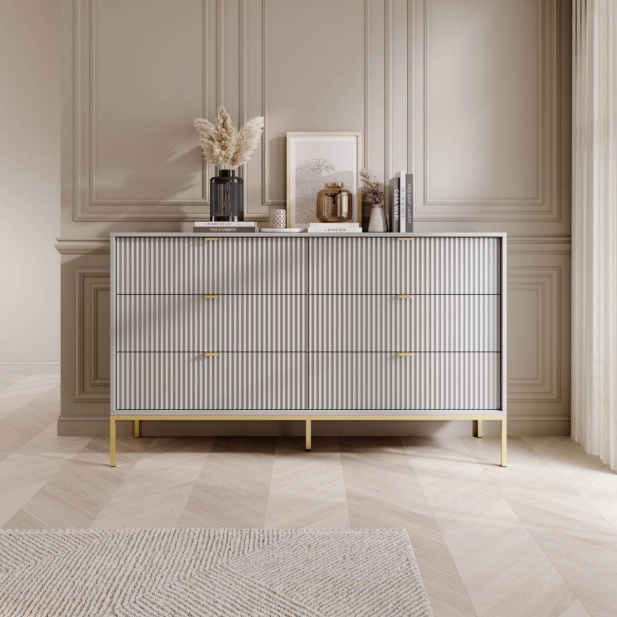 SIDEBOARD STELLARE 154/91/39 cm mit 6 Schubladen Grau - Goldfarben/Grau, Holzwerkstoff (154/91/39cm) - MASSENO