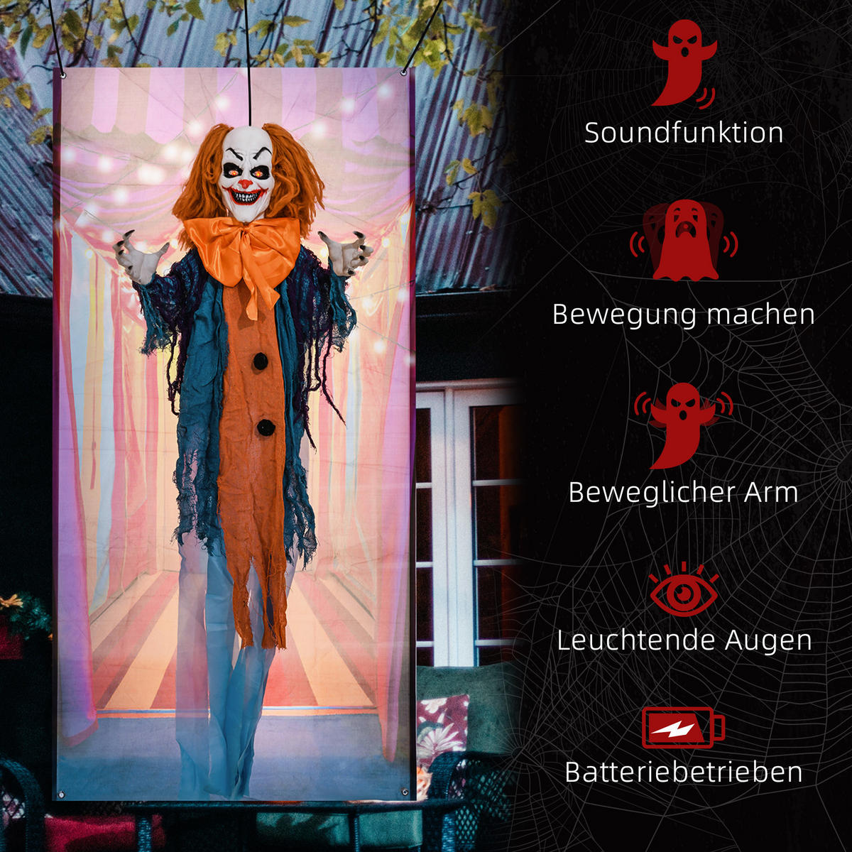 168CM Halloween Dekoration Halloween Zirkusclown mit LED-Lichter, Soundfunktion - Multicolor, Kunststoff (20/168/83cm) - HOMCOM