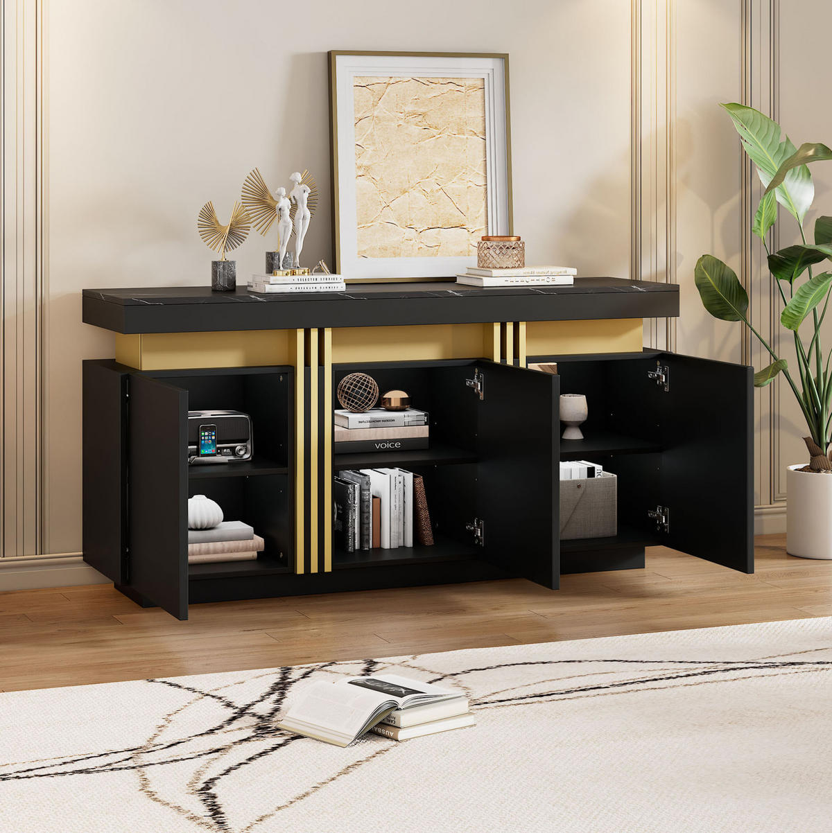 SIDEBOARD aus Spanplatte 140/38/70 cm mit 3 Türen und verstellbaren Einlegeböden, Schwarz/Gold - Schwarz, Holzwerkstoff (140/70/38cm) - Redom
