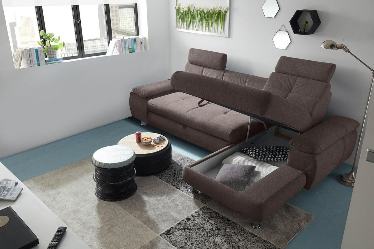 ECKSOFA mit Schlaffunktion und Bettkasten, Brego-Stoff - Chromfarben/Braun, Textil/Metall (177/274cm) - ed exciting design