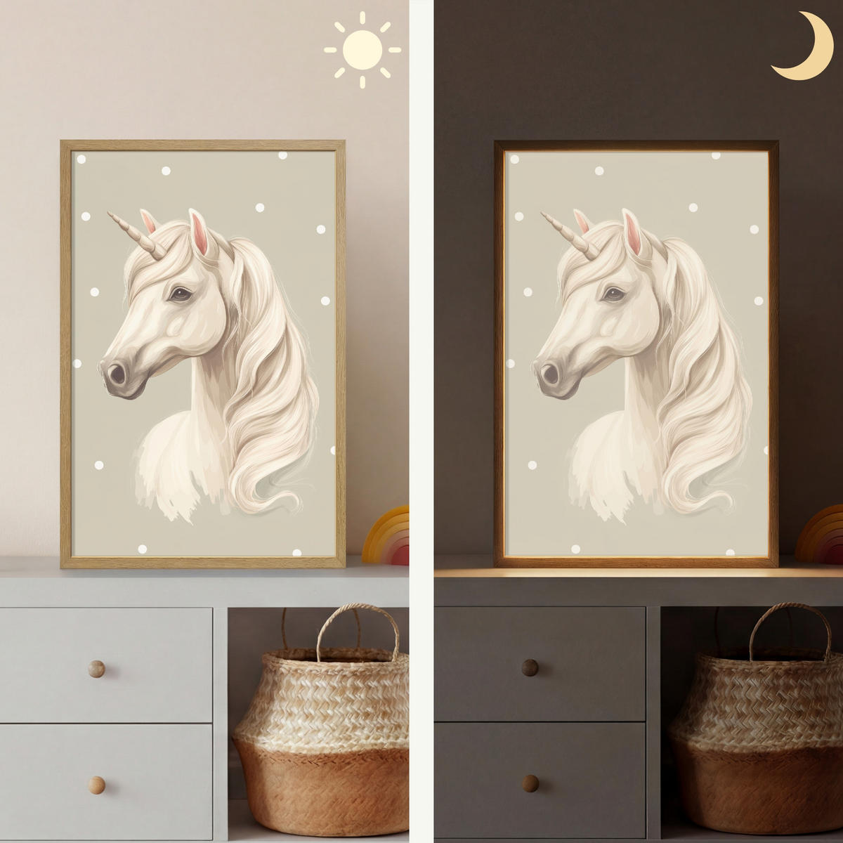 NÁSTĚNNÁ LAMPA S AKUMULÁTOREM Jednorožec - bílý - tečky 40x60 cm - šedohnědá, kompozitní dřevo (40/60/8cm) - OnlyWow