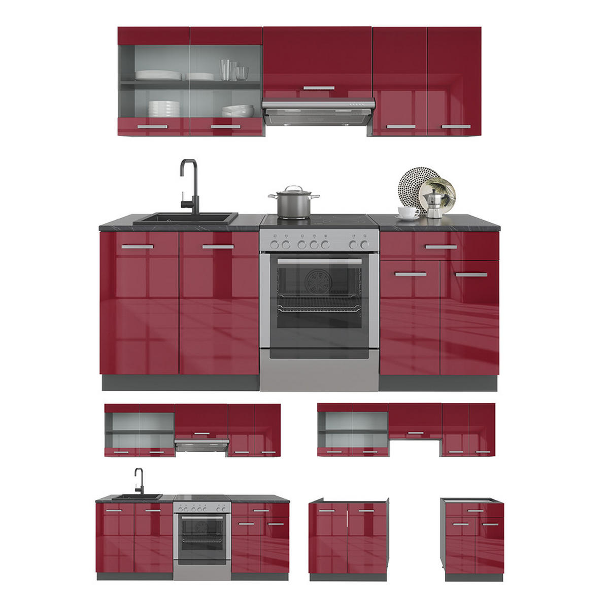 KÜCHENZEILE R-Line Bordeaux Hochglanz/Anthrazit 200 cm, AP Marmor - Bordeaux/Anthrazit, Holzwerkstoff (200/81.6/60cm) - Vicco