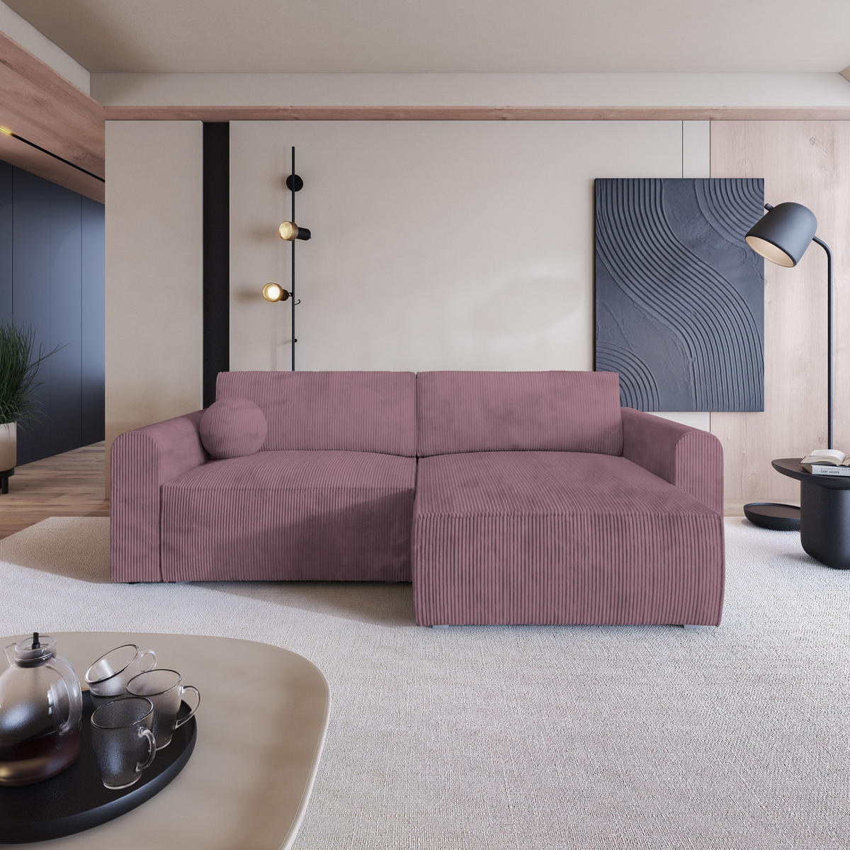 ECKSOFA FIANO P Lila Kordstoff mit Schlaffunktion - Lila/Grau, Holz/Kunststoff (245/148cm) - MASSENO