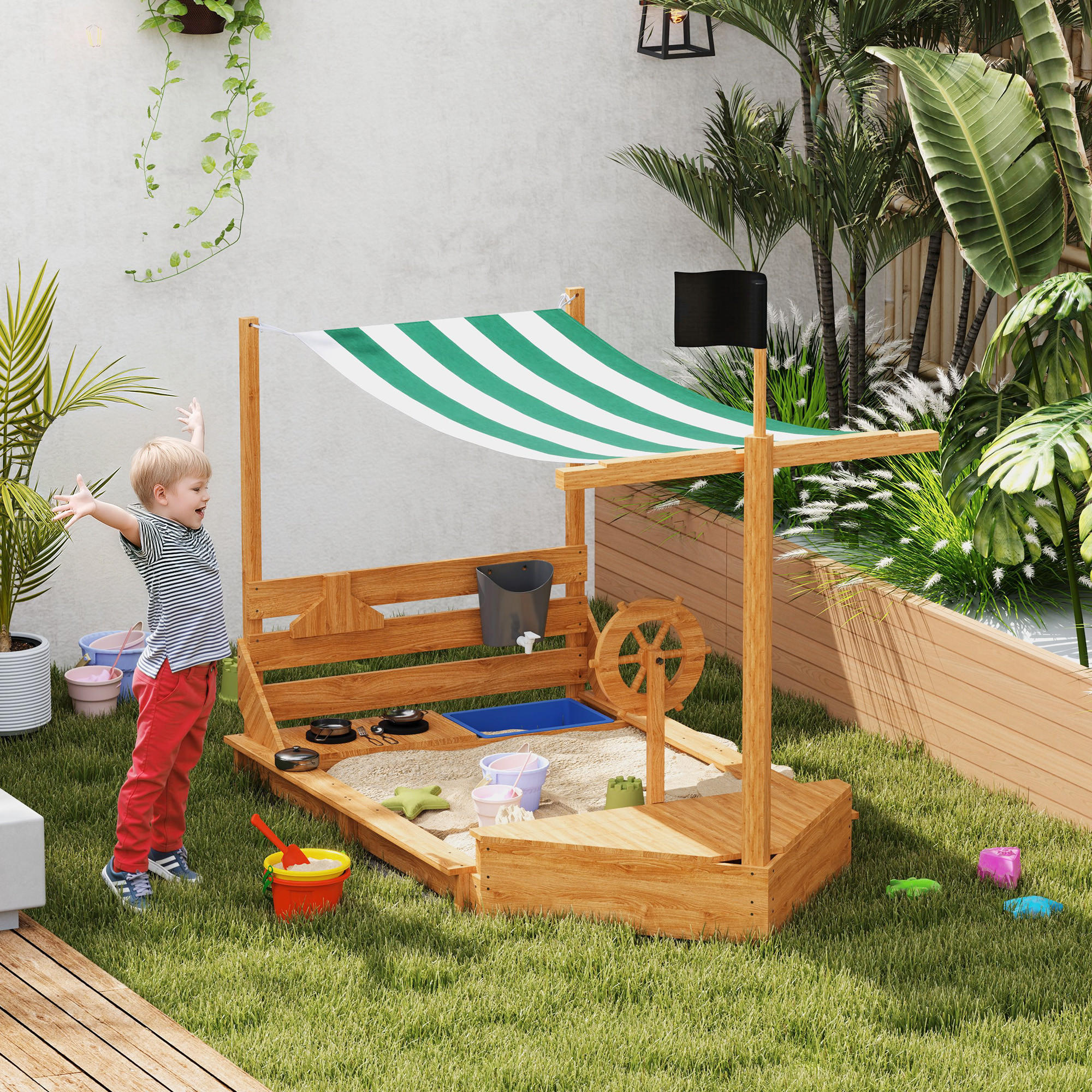 SANDKASTEN groß mit Abdeckung im Schiff Design Matschekiste aus Holz - Orange, Holz (180/103/144.5cm) - Outsunny